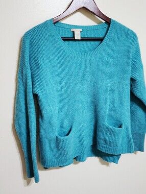 White + Warren Teal Crewneck Sweater with Front Pockets 100% Cashmere Sz. Med.
